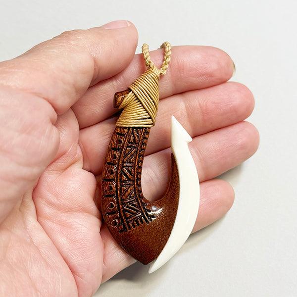 Hawaiian Style carve Polynesian Koa Wood Tattoo Waves Fish Hook Pendant  Necklace