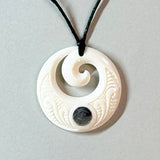 Maori Bone Koru Necklace with Carving and Paua Shell