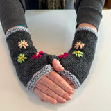 Charcoal Wool Fingerless Gloves with Pretty Embroidery