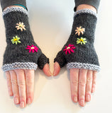 Charcoal Wool Fingerless Gloves with Pretty Embroidery