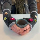 Charcoal Wool Fingerless Gloves with Pretty Embroidery