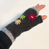 Charcoal Wool Fingerless Gloves with Pretty Embroidery