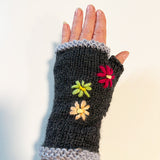 Charcoal Wool Fingerless Gloves with Pretty Embroidery