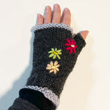 Charcoal Wool Fingerless Gloves with Pretty Embroidery