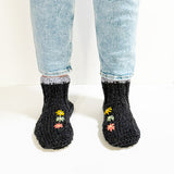 Embroidered Charcoal Wool and Sheepskin Fleece Slipper Socks