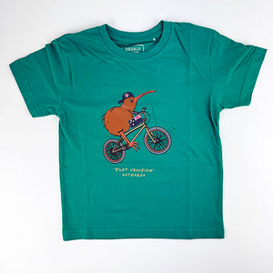 Cute NZ Kiwi Bird on BMX Bike Kids T-shirt