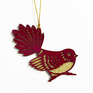 Velvety Burgundy NZ Fantail Bird Xmas Ornament