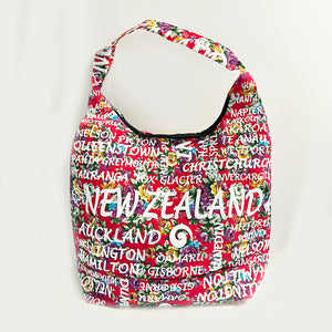 BIG Red NZ Souvenir Shoulder Bag with Cities Print