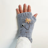 Handmade Grey Wool Fingerless Gloves with Pretty Flower Embroidery