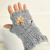 Handmade Grey Wool Fingerless Gloves with Pretty Flower Embroidery