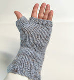 Handmade Grey Wool Fingerless Gloves with Pretty Flower Embroidery