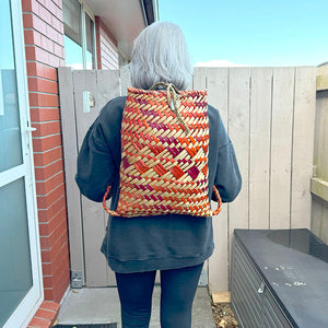 Maori Flax Kete Backpack Pikau Natural Rust and Crimson