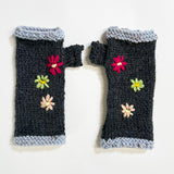 Charcoal Wool Fingerless Gloves with Pretty Embroidery