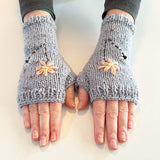 Handmade Grey Wool Fingerless Gloves with Pretty Flower Embroidery