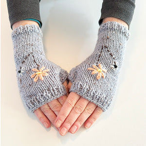 Handmade Grey Wool Fingerless Gloves with Pretty Flower Embroidery