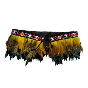 Short Maori Korowai with Gold and Black Feathers and Red Taniko